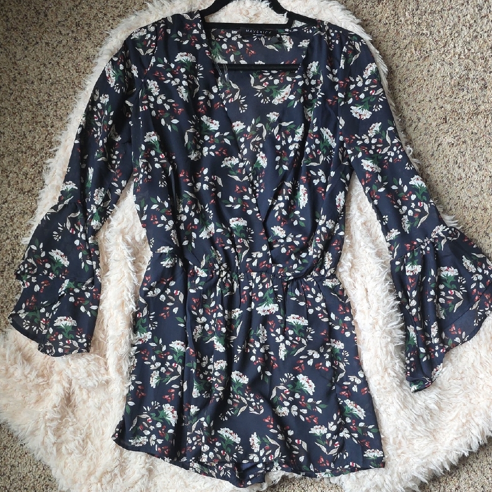 Navy Floral Romper with Bell Sleeves